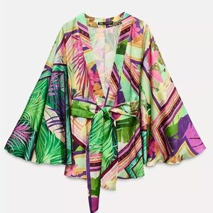 Zara Colorful Leaf Print Kimono Blouse